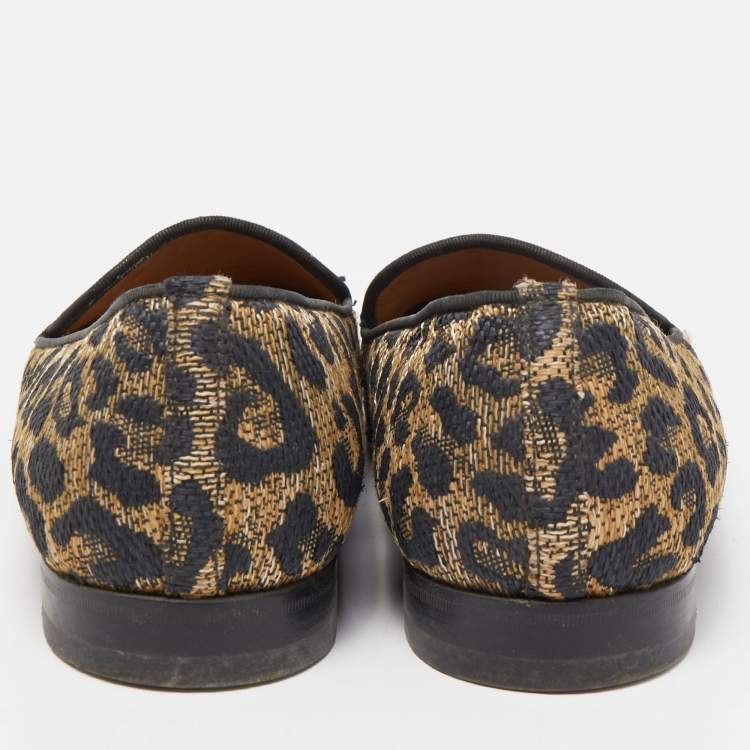 Pre Owned Christian Louboutin Black/Gold Raffia Animal Print Loafers Size 43