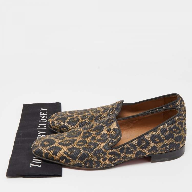 Pre Owned Christian Louboutin Black/Gold Raffia Animal Print Loafers Size 43