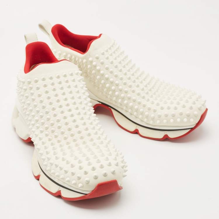 Pre Owned Christian Louboutin White Neoprene Spike Sock Slip On Sneakers Size 41