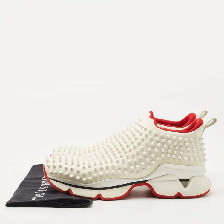 Pre Owned Christian Louboutin White Neoprene Spike Sock Slip On Sneakers Size 41