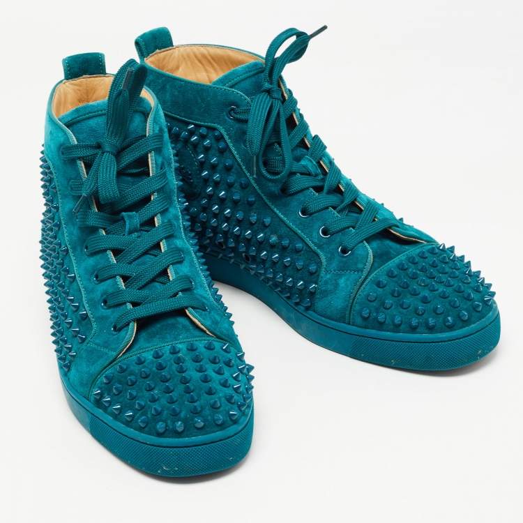 Pre Owned Christian Louboutin Green Suede Louis Junior Spikes High Top Sneakers Size 45.5