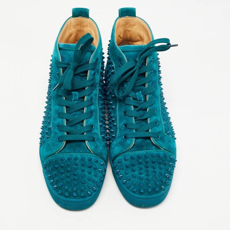 Pre Owned Christian Louboutin Green Suede Louis Junior Spikes High Top Sneakers Size 45.5