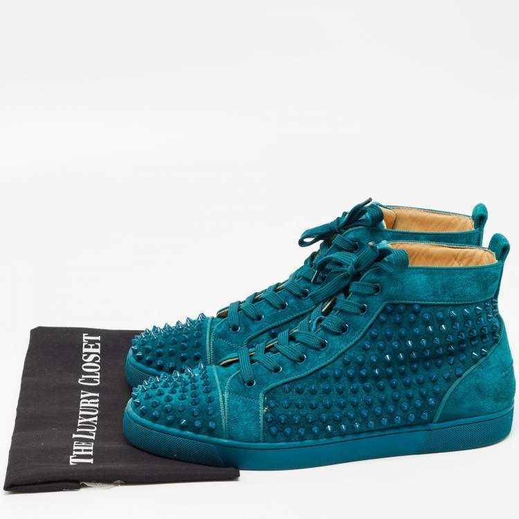 Pre Owned Christian Louboutin Green Suede Louis Junior Spikes High Top Sneakers Size 45.5