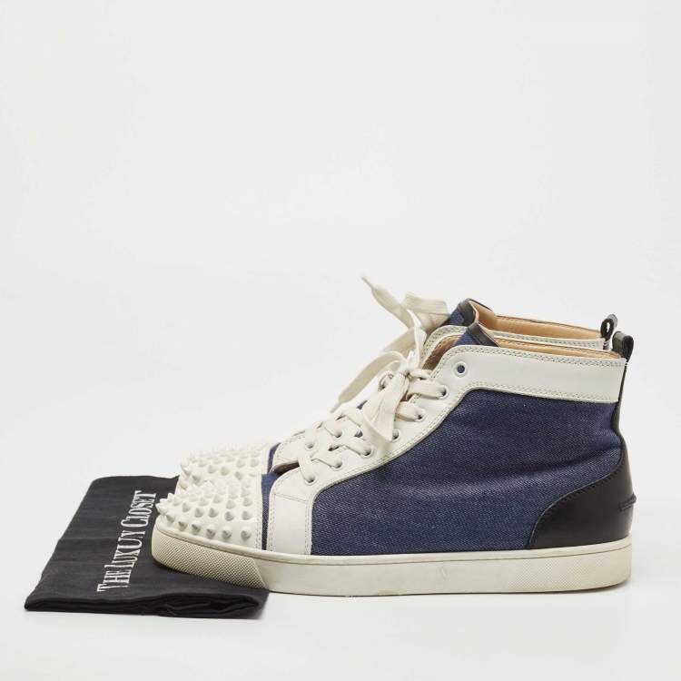 Pre Owned  Christian Louboutin Blue/White Leather and Canvas Louis Spikes Orlato Sneakers Size 43.5