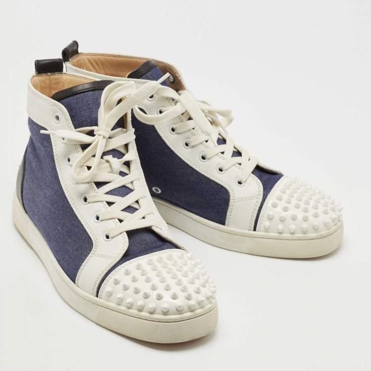 Pre Owned  Christian Louboutin Blue/White Leather and Canvas Louis Spikes Orlato Sneakers Size 43.5