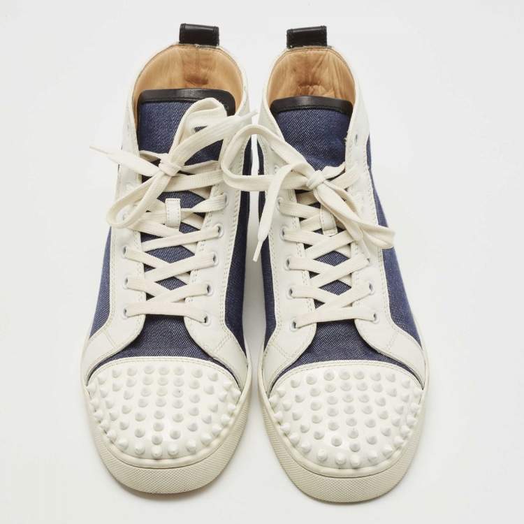 Pre Owned  Christian Louboutin Blue/White Leather and Canvas Louis Spikes Orlato Sneakers Size 43.5