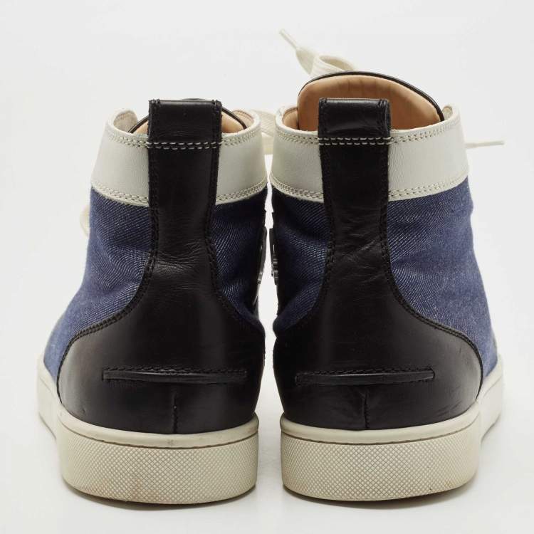 Pre Owned  Christian Louboutin Blue/White Leather and Canvas Louis Spikes Orlato Sneakers Size 43.5