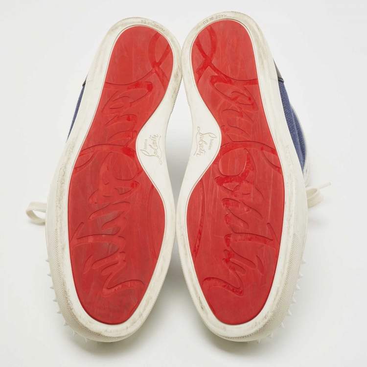 Pre Owned  Christian Louboutin Blue/White Leather and Canvas Louis Spikes Orlato Sneakers Size 43.5