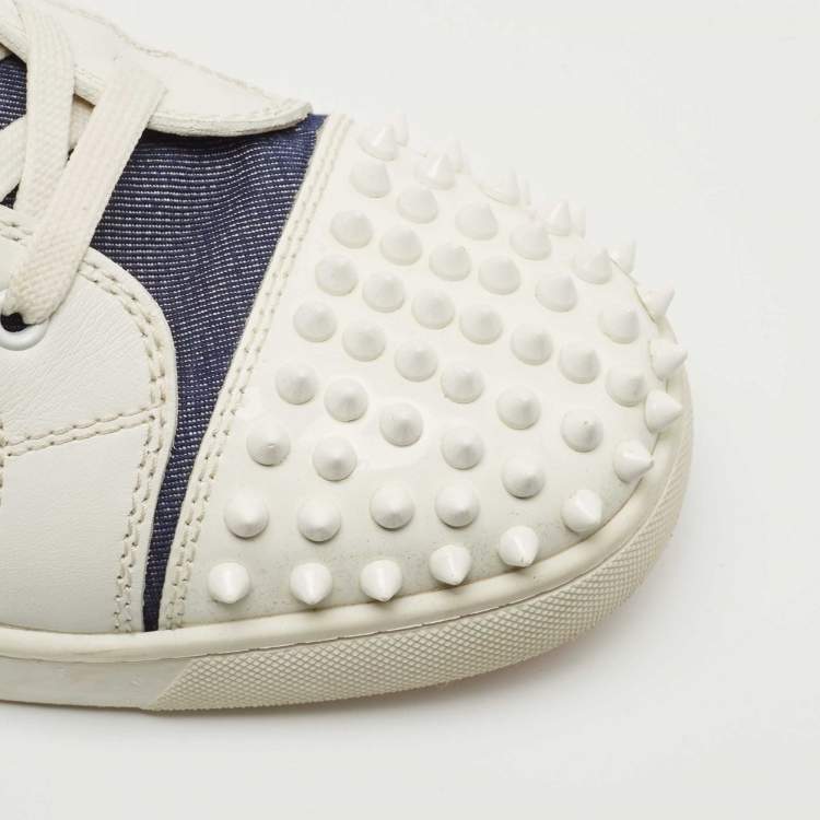 Pre Owned  Christian Louboutin Blue/White Leather and Canvas Louis Spikes Orlato Sneakers Size 43.5