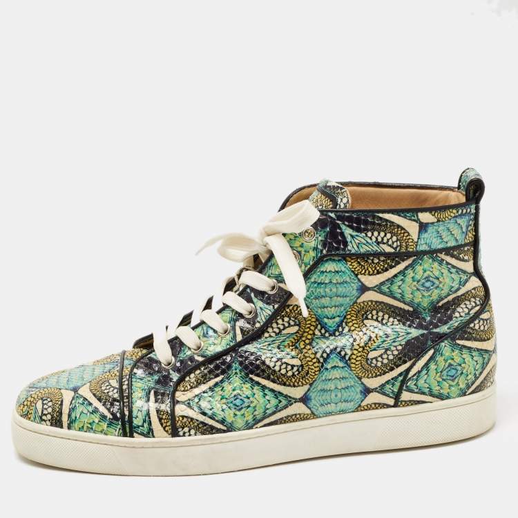 Pre Owned Christian Louboutin Green/Blue Hand Painted Python Inferno Sneakers Size 43.5