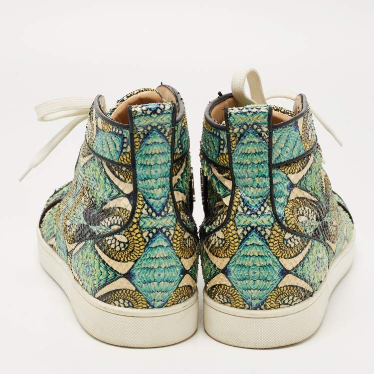 Pre Owned Christian Louboutin Green/Blue Hand Painted Python Inferno Sneakers Size 43.5