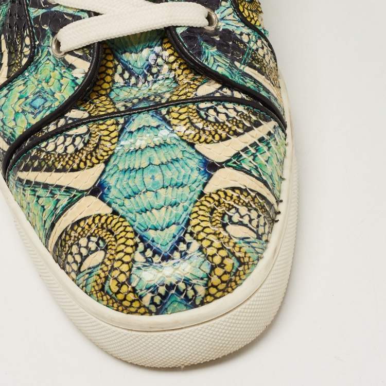 Pre Owned Christian Louboutin Green/Blue Hand Painted Python Inferno Sneakers Size 43.5