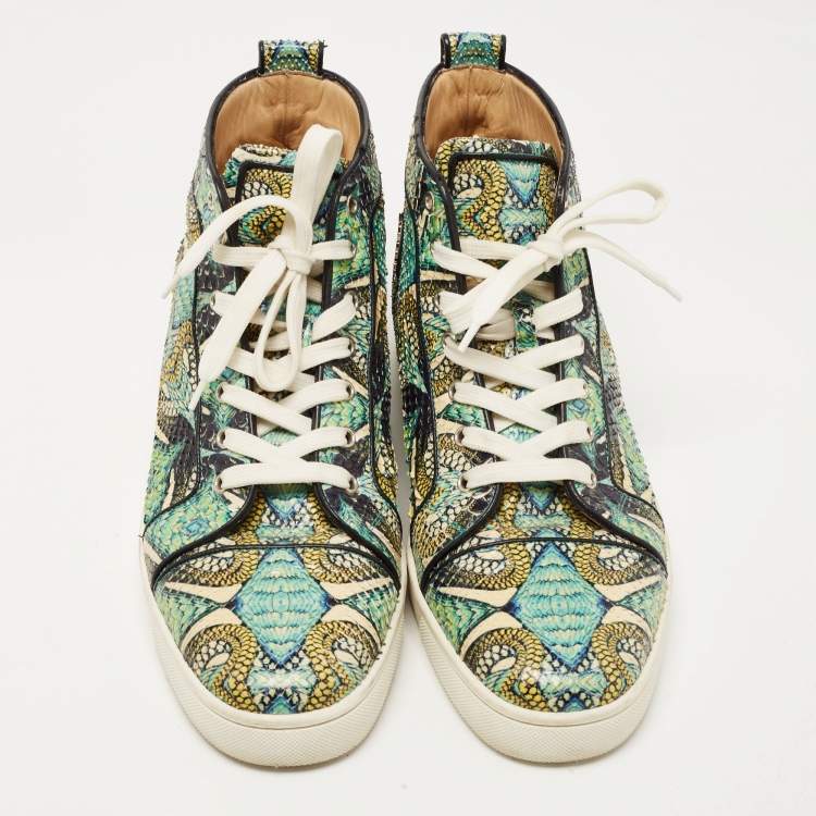 Pre Owned Christian Louboutin Green/Blue Hand Painted Python Inferno Sneakers Size 43.5