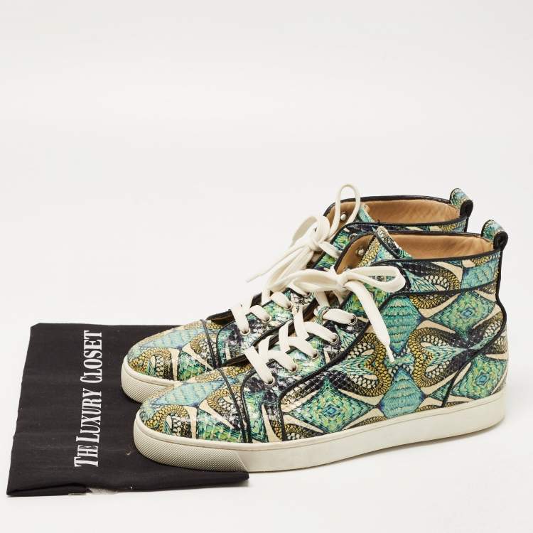 Pre Owned Christian Louboutin Green/Blue Hand Painted Python Inferno Sneakers Size 43.5