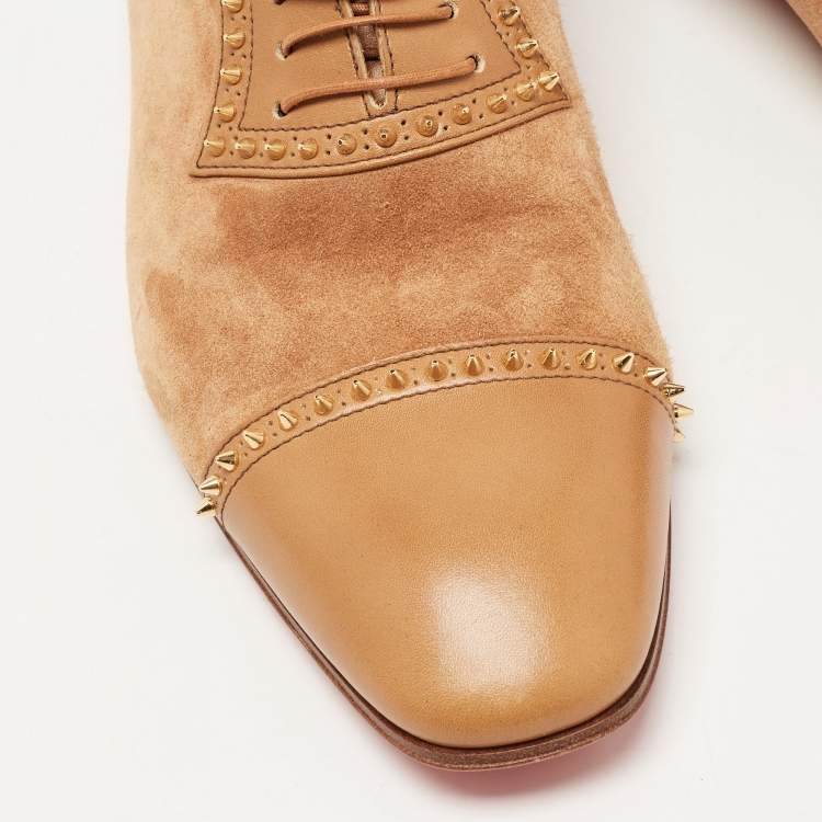 Pre Owned Christian Louboutin Suede and Leather Spike Trim Lace Up Oxfords Size 42.5