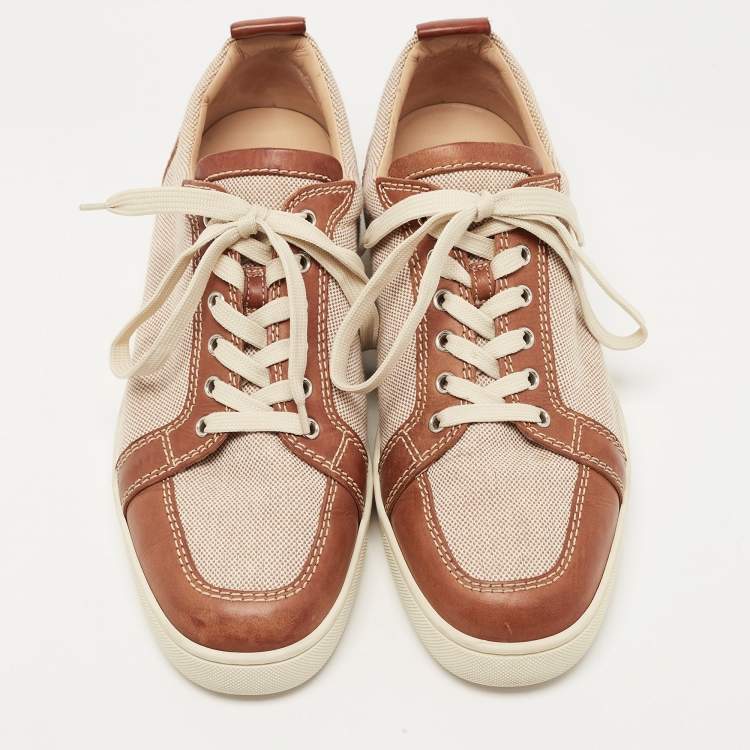 Pre Owned Christian Louboutin Beige/Brown Canvas and Leather Rantulow Low Top Sneakers Size 46