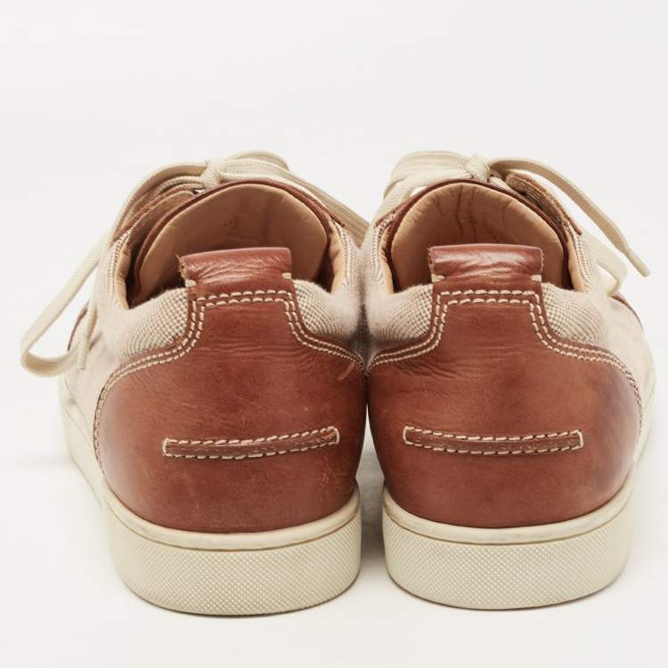 Pre Owned Christian Louboutin Beige/Brown Canvas and Leather Rantulow Low Top Sneakers Size 46