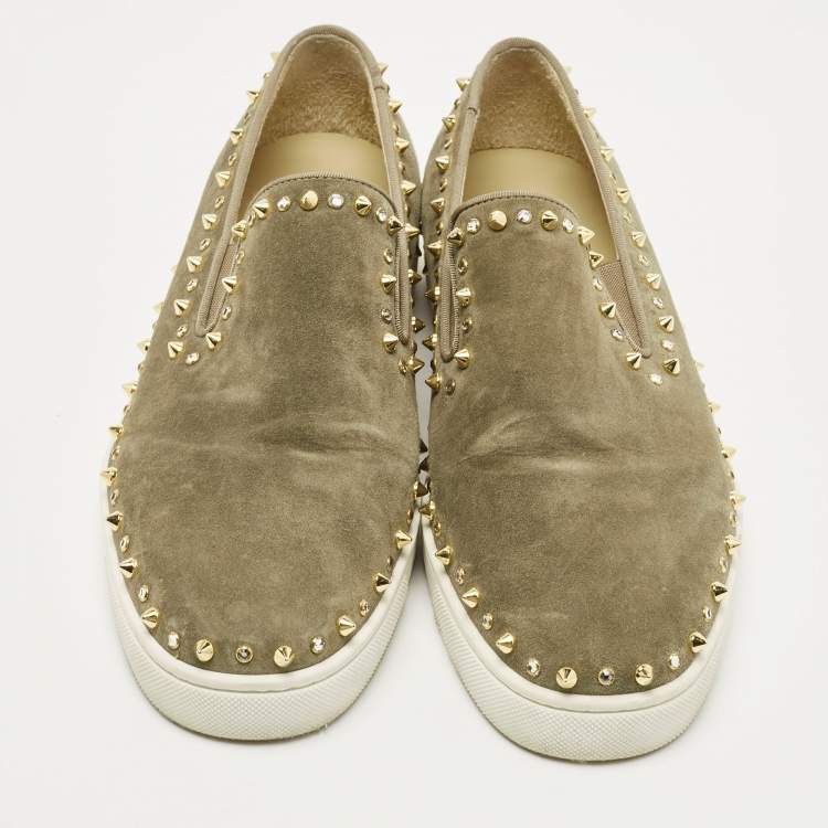 Pre Owned Christian Louboutin Green Suede Embellished Pik Boat Sneakers Size 43