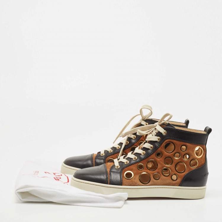 Pre Owned Christian Louboutin Black/Brown Leather and Suede Laser Cut High Top Sneakers Size 42.5