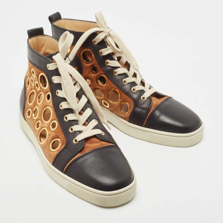 Pre Owned Christian Louboutin Black/Brown Leather and Suede Laser Cut High Top Sneakers Size 42.5