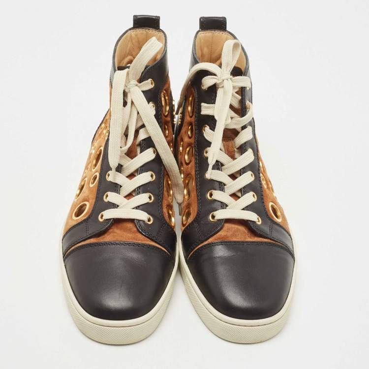 Pre Owned Christian Louboutin Black/Brown Leather and Suede Laser Cut High Top Sneakers Size 42.5