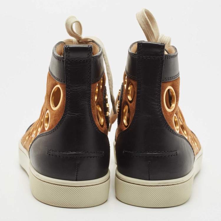 Pre Owned Christian Louboutin Black/Brown Leather and Suede Laser Cut High Top Sneakers Size 42.5