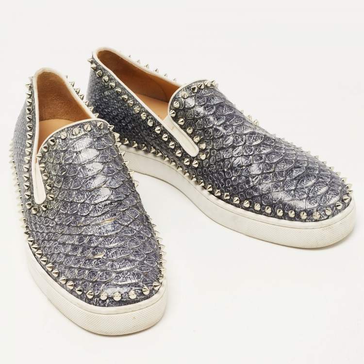 Pre Owned Christian Louboutin Grey/White Python Spike Pik Boat Sneakers Size 43