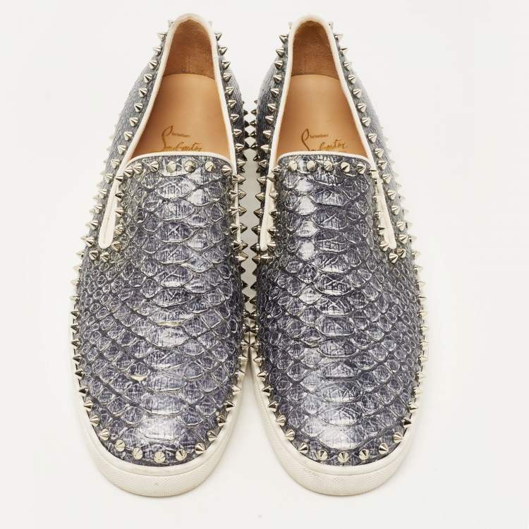 Pre Owned Christian Louboutin Grey/White Python Spike Pik Boat Sneakers Size 43