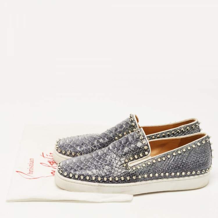 Pre Owned Christian Louboutin Grey/White Python Spike Pik Boat Sneakers Size 43