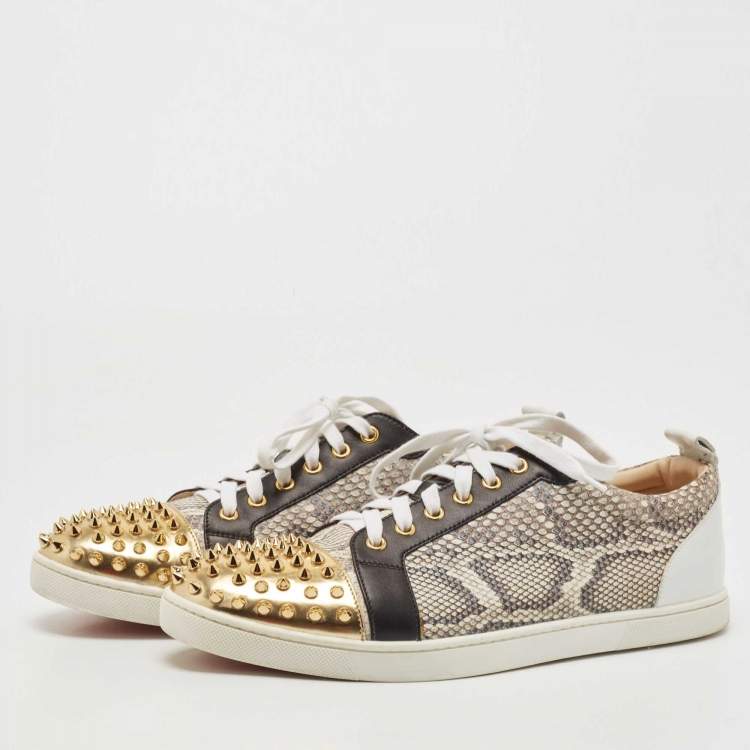 Christian Louboutin Multicolor Leather and Animal Print Fabric Lou Spikes  Sneakers Size 43.5 Christian Louboutin