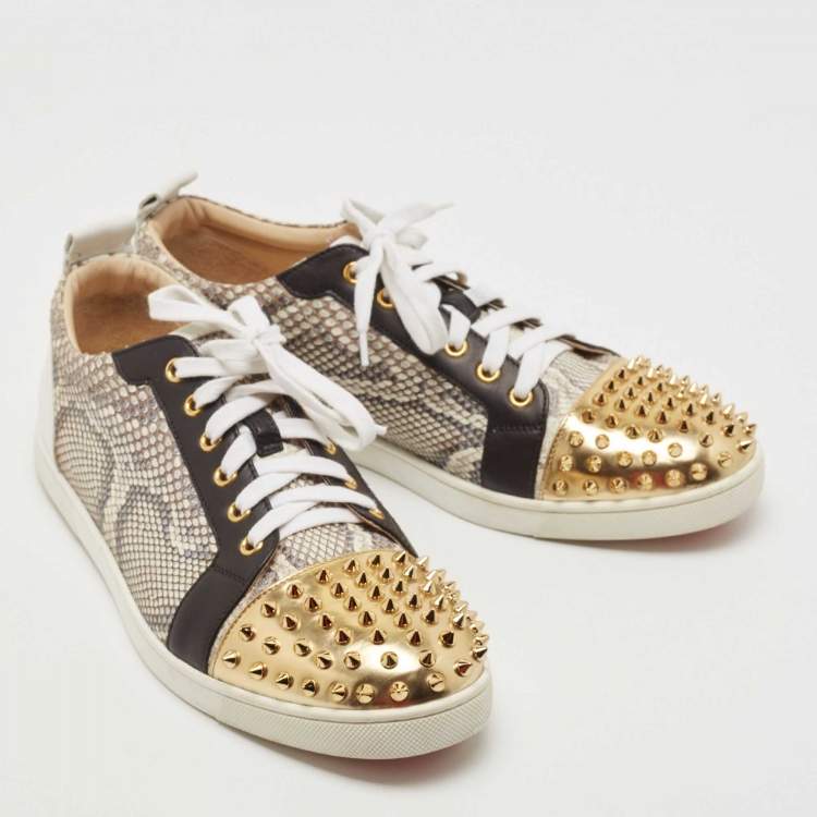 Pre Owned Christian Louboutin Tricolor Snakeskin and Leather Louis Junior Spikes Sneakers Size 43