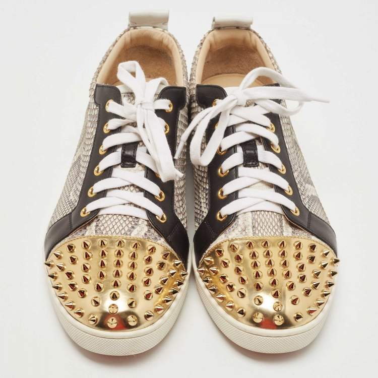 Pre Owned Christian Louboutin Tricolor Snakeskin and Leather Louis Junior Spikes Sneakers Size 43