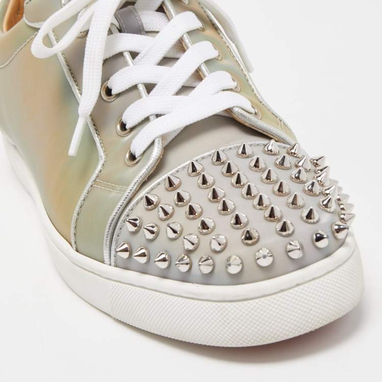 Pre Owned Christian Louboutin Grey Holographic Effect PVC Louis Junior Spikes Orlato Sneakers Size 42