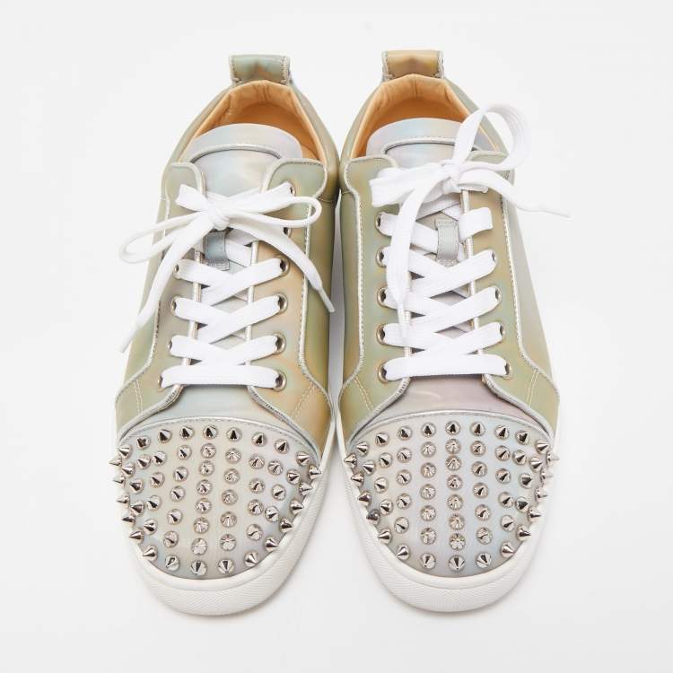 Pre Owned Christian Louboutin Grey Holographic Effect PVC Louis Junior Spikes Orlato Sneakers Size 42