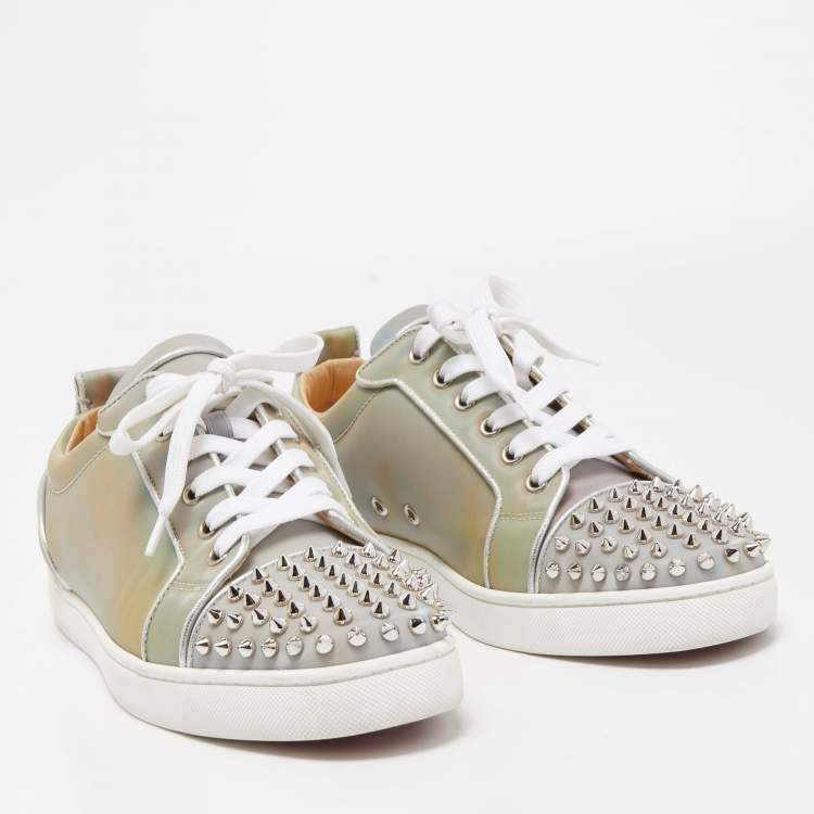 Pre Owned Christian Louboutin Grey Holographic Effect PVC Louis Junior Spikes Orlato Sneakers Size 42