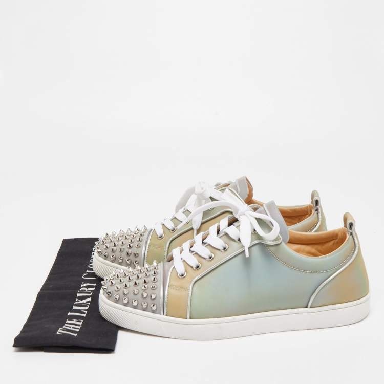 Pre Owned Christian Louboutin Grey Holographic Effect PVC Louis Junior Spikes Orlato Sneakers Size 42