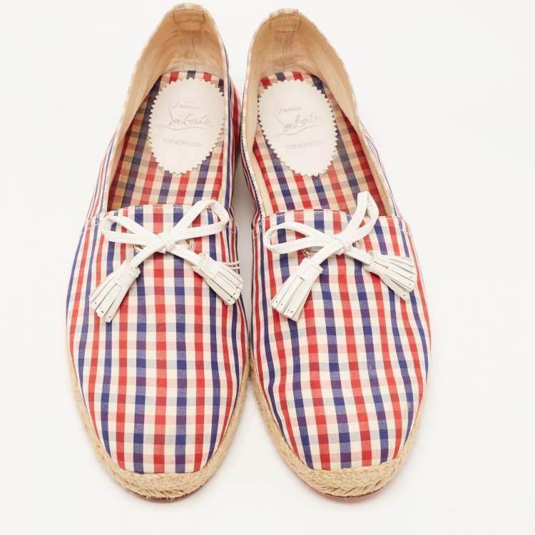 Pre Owned Christian Louboutin Multicolor Check Canvas Bow Espradrille Flats Size 43