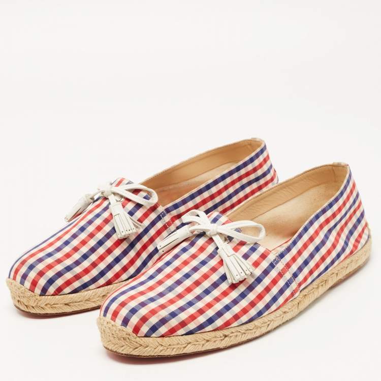 Pre Owned Christian Louboutin Multicolor Check Canvas Bow Espradrille Flats Size 43
