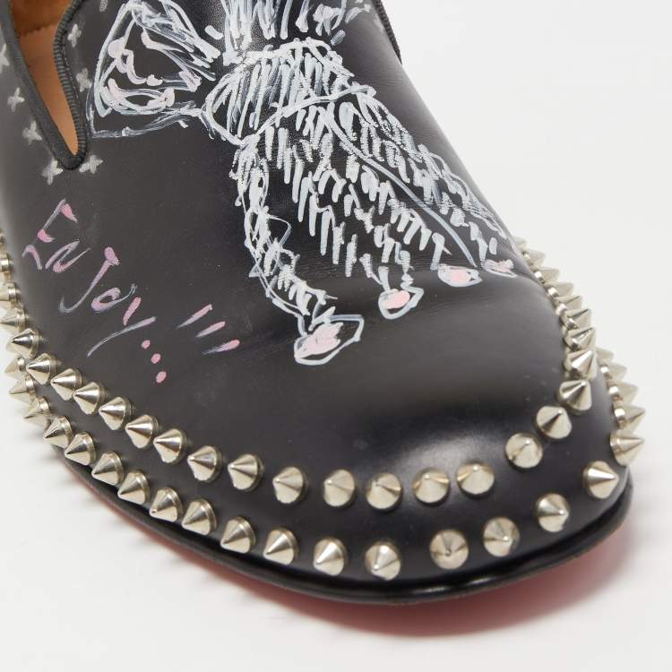Pre Owned Christian Louboutin Black Leather Printed Spiked Loafers Size 42