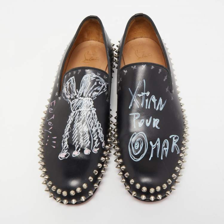 Pre Owned Christian Louboutin Black Leather Printed Spiked Loafers Size 42