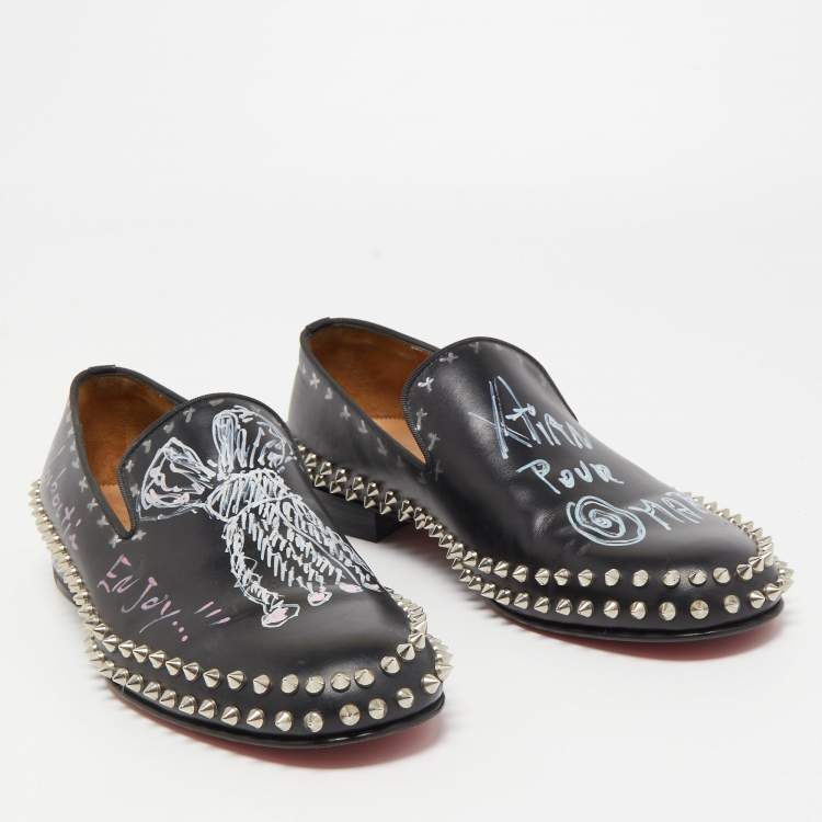 Pre Owned Christian Louboutin Black Leather Printed Spiked Loafers Size 42