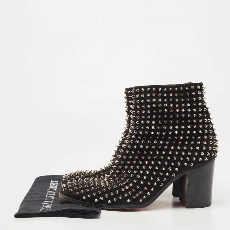 Pre Owned Christian Louboutin Black Suede Spikes Block Heel Ankle Boots Size 42.5