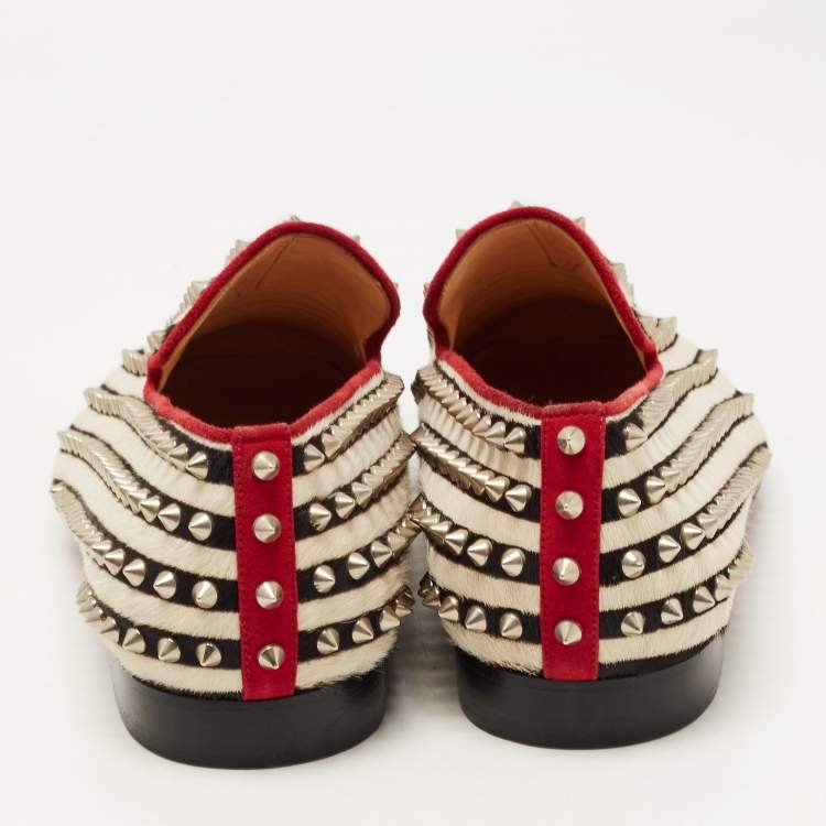 Pre Owned Christian Louboutin Black/White Calf Hair Rollerboy Spiked Loafers Size 42
