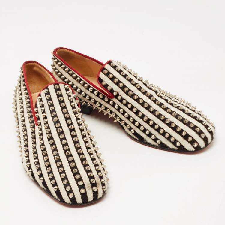 Pre Owned Christian Louboutin Black/White Calf Hair Rollerboy Spiked Loafers Size 42