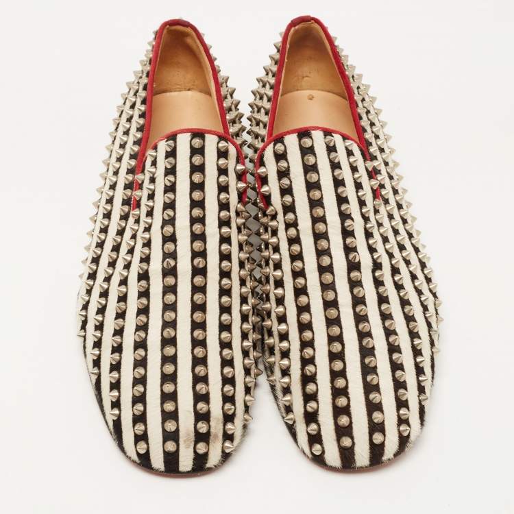 Pre Owned Christian Louboutin Black/White Calf Hair Rollerboy Spiked Loafers Size 42