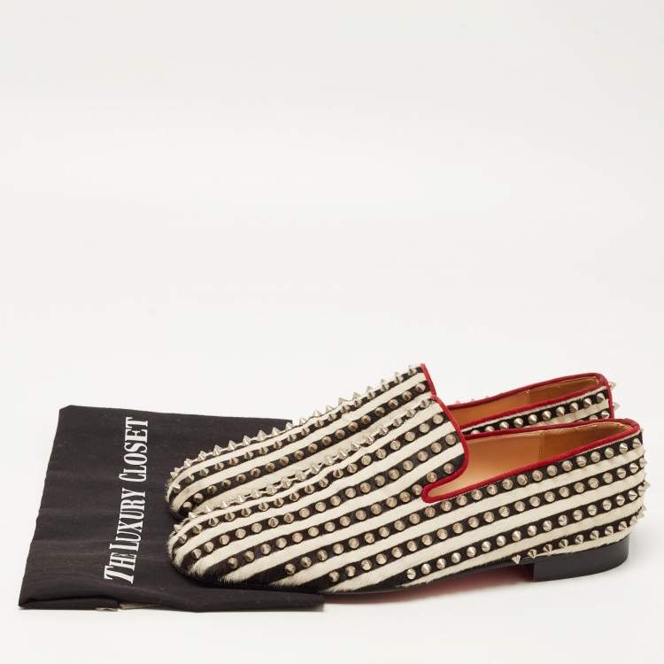 Pre Owned Christian Louboutin Black/White Calf Hair Rollerboy Spiked Loafers Size 42