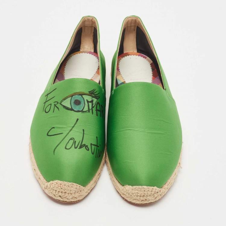 Pre Owned Christian Louboutin Green Satin Slip On Espadrille Flats Size 43