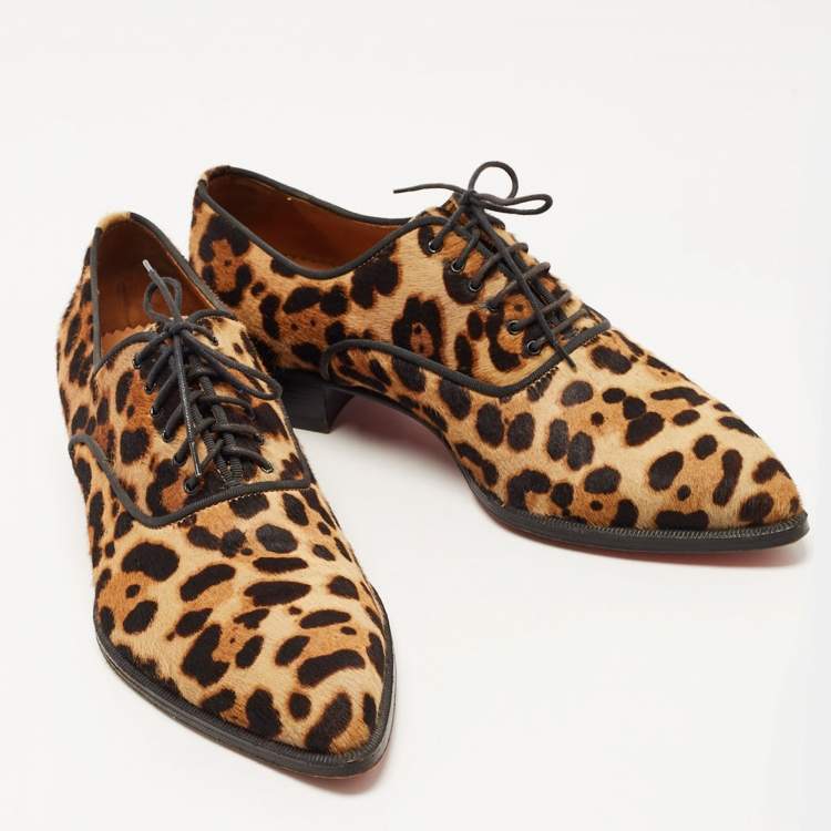 Pre Owned Christian Louboutin Brown/Beige Leopard Print Calf Hair Zazou Oxfords Size 41.5