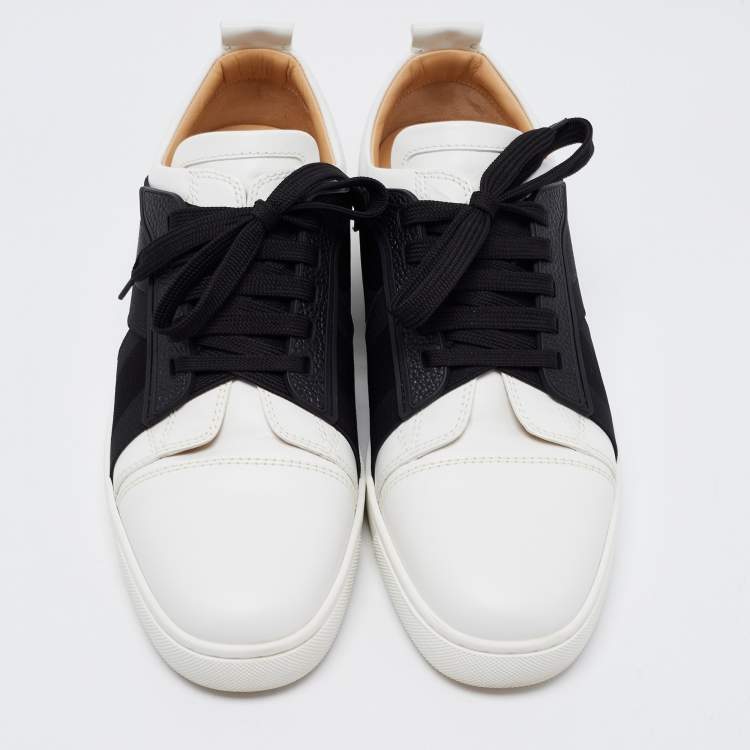 Pre Owned Christian Louboutin White/Black Leather Elastikid Sneakers Size 42.5