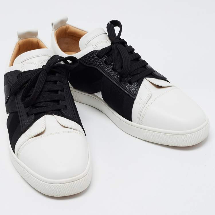 Pre Owned Christian Louboutin White/Black Leather Elastikid Sneakers Size 42.5